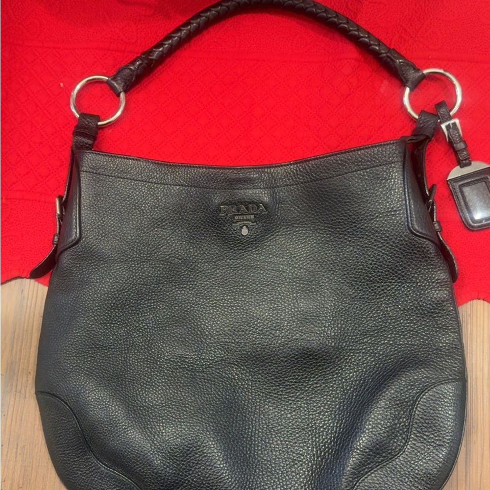 Prada Black Textured Leather Hobo Bag